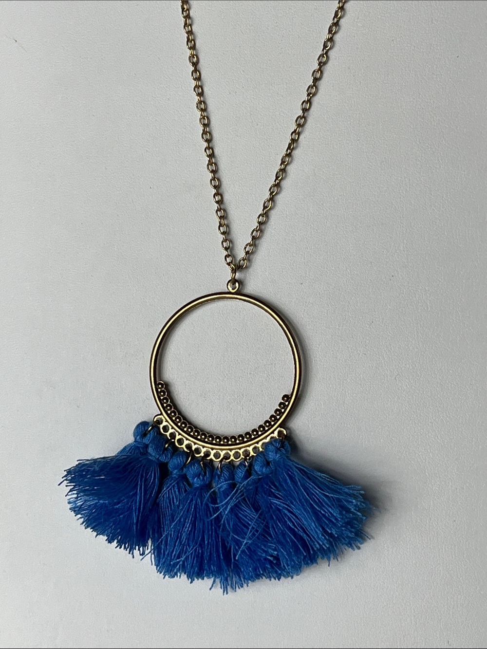 Gold-Tone Hoop Necklace with Royal Blue Tassels